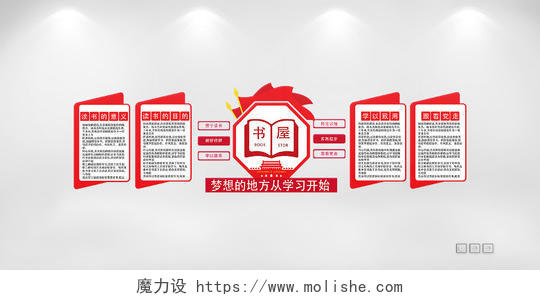 红色几何中国风梦想的地方从学习开始党建书屋文化墙